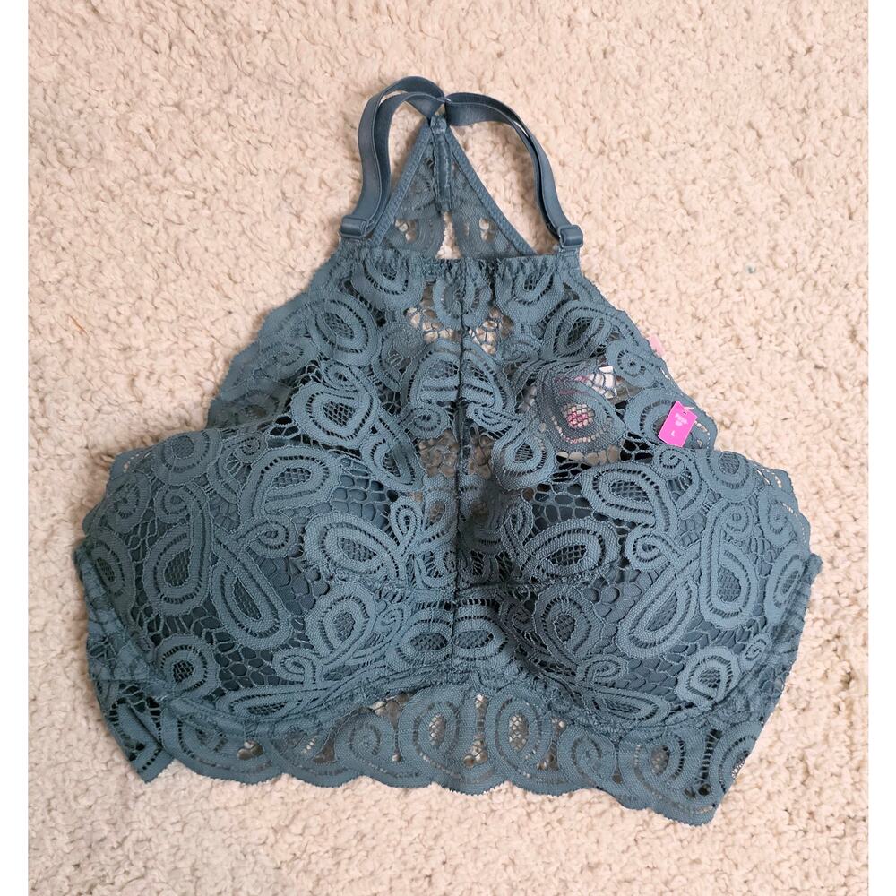 PINK by Victoria's Secret Chalk Blue Lace Highneck Push-Up Bralette NWT Size L/G